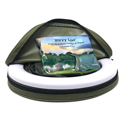 Transportabelt pop-up Campingtoilet med pose til bil eller autocamper. CarpLife  Bivvy Loo. Udstyr til din #campervan #minicamper #carcamper #berlingocamper #caddycamper. 